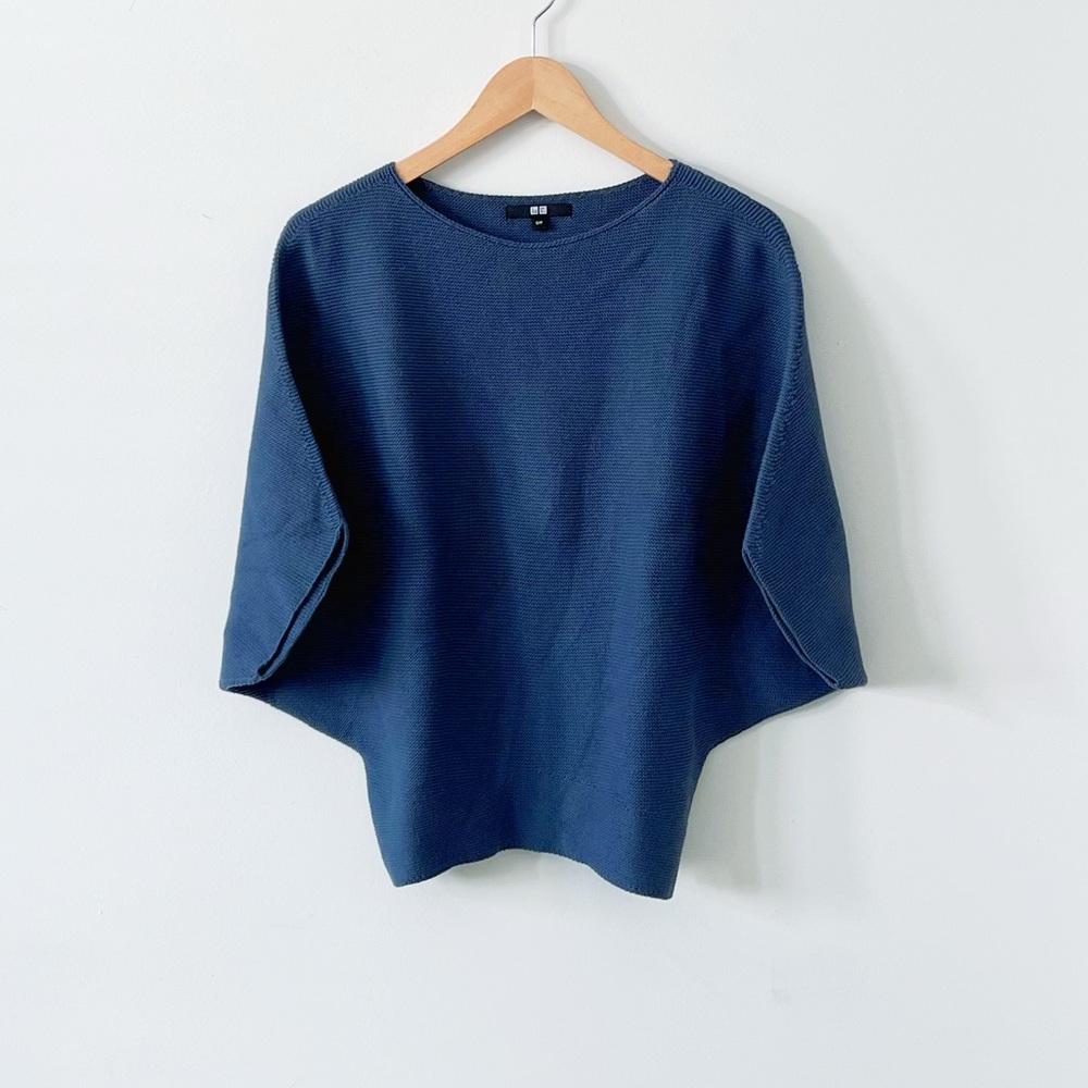 Uniqlo Navy Blue Sweater 3D Knit Katun Dolman Lengan 3/4 Cotton Elbow Sleeves S